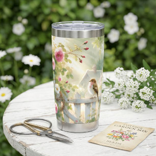 Garten-Rosen-Vogel-Aquarell-Szene Thermobecher