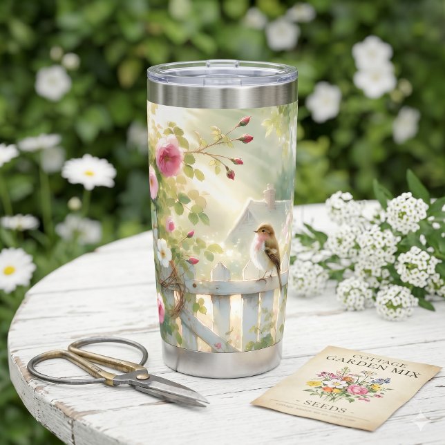 Garten-Rosen-Vogel-Aquarell-Szene Thermobecher (Garden Rose Bird Watercolor Scene Insulated Tumbler)