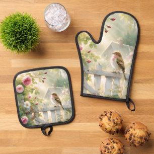 Garten-Rosen-Vogel-Aquarellszene Ofenhandschuh & Topflappen-Set