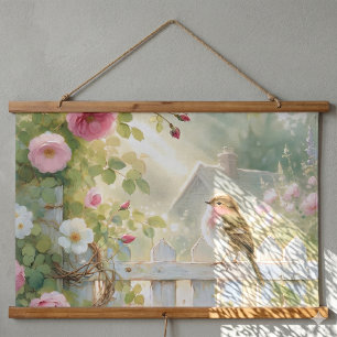 Garten-Rosen-Vogel-Aquarellszene Wandteppich Mit Holzrahmen