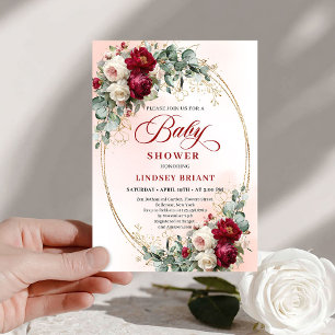 Garten-Rustikal-Burgunder-Pfingstrosen-Baby-Shower Einladung