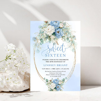 Garten Staubblau Floral Gold Sweet 16 Geburtstag Einladung
