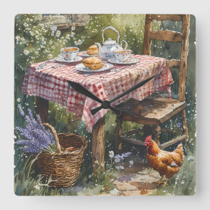 Garten-Tee-Morgen im Cottage-Wasserfarbenstil Quadratische Wanduhr