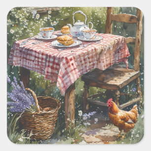 Garten-Tee-Morgen im Cottage-Wasserfarbenstil Quadratischer Aufkleber