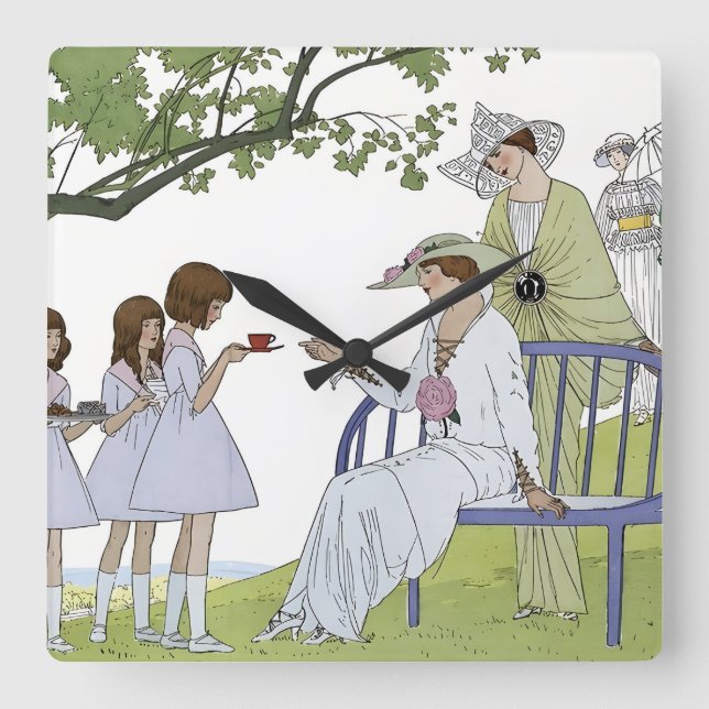 Garten-Teeparty Quadratische Wanduhr (Vorderseite)