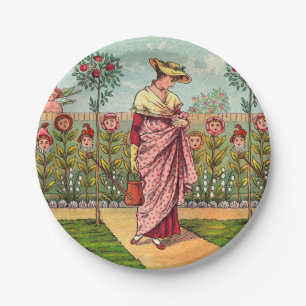 Garten Wachsende Blumen Frau Kunst Antiquität Pappteller