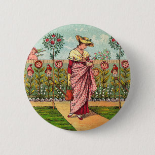Garten wächst Blumen Frau Kunst Antiquität Button