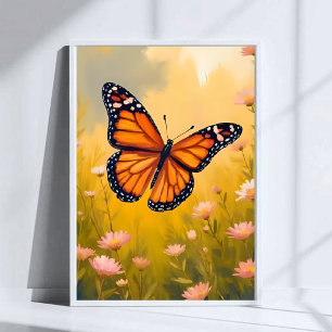 Garten-Wasserfarben-Blumenbild Monarchfalter Poster