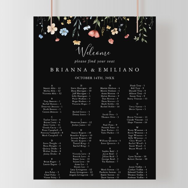 Garten-Wildblume Schwarzes Alphabetisches Sitzplan Poster (Von Creator hochgeladen)