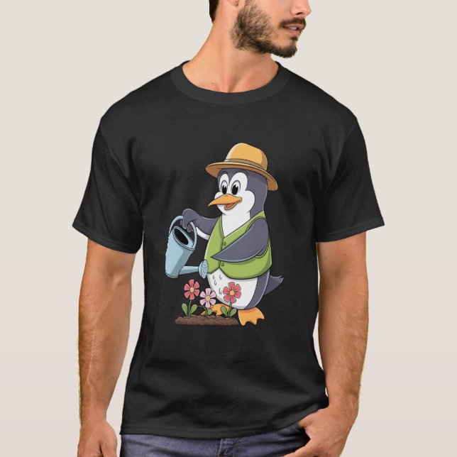 Gartenarbeit Gärtner Pinguin mit Gießkanne T-Shirt (Vorderseite)