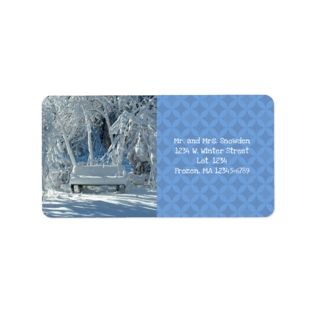 Gartenbank im Schnee / Blaues Muster / Winter / Adressaufkleber (Vorne)