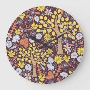 Gartenbäume, Blumen, Apfelmuster Große Wanduhr