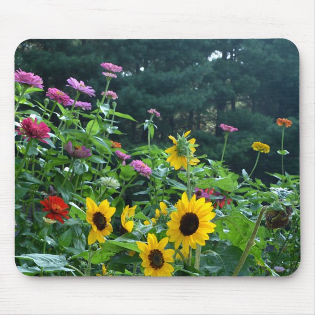 Gartenblick - Sonnenblumen, Gänseblumen, Kosmos Mousepad (Vorne)