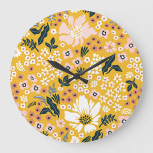 Gartenblumen: Gelber Vintage-Charme. Große Wanduhr