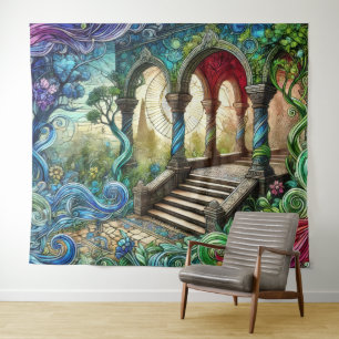 Gartenbogen-Treppe Lebendige Fantasie-Landschaft Wandteppich