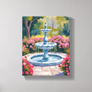 Gartenbrunnen-Blumenmalerei Leinwanddruck