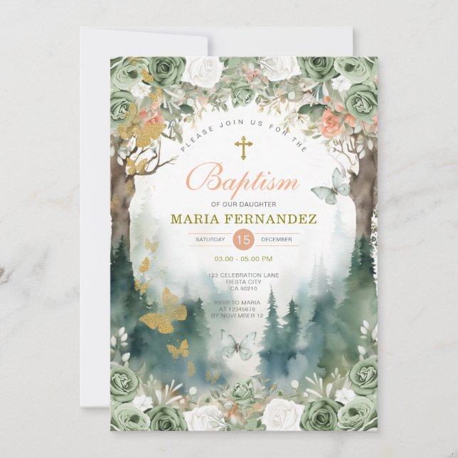 Gartengrüne Blume Taufe Einladung (Vorderseite)