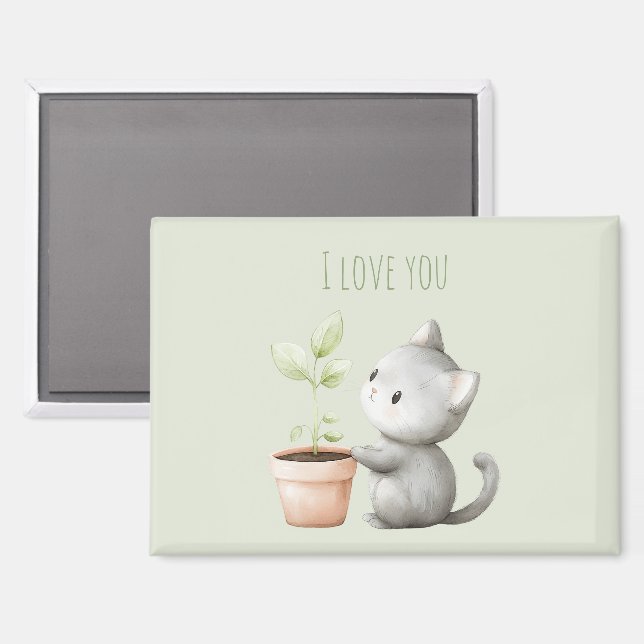 Gartenkatze mit Pflanze Ich liebe dich Magnet (Vorderseite/Rückseite)