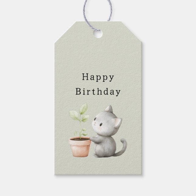 Gartenkatze mit Pflanzen-Geburtstag Geschenkanhänger (Vorderseite)
