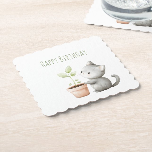 Gartenkatze mit Pflanzen-Geburtstag Untersetzer (angewinkelt)