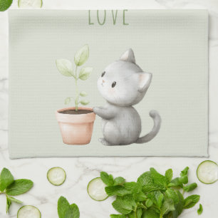 Gartenkatze mit Pflanzenliebe Geschirrtuch