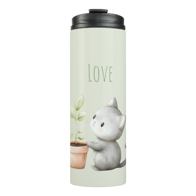 Gartenkatze mit Pflanzenliebe  Thermosbecher (Vorderseite)