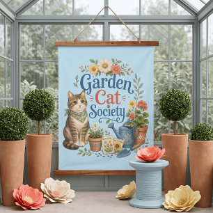 Gartenkatzen-Gesellschaft Cottagecore Florals Wandteppich Mit Holzrahmen
