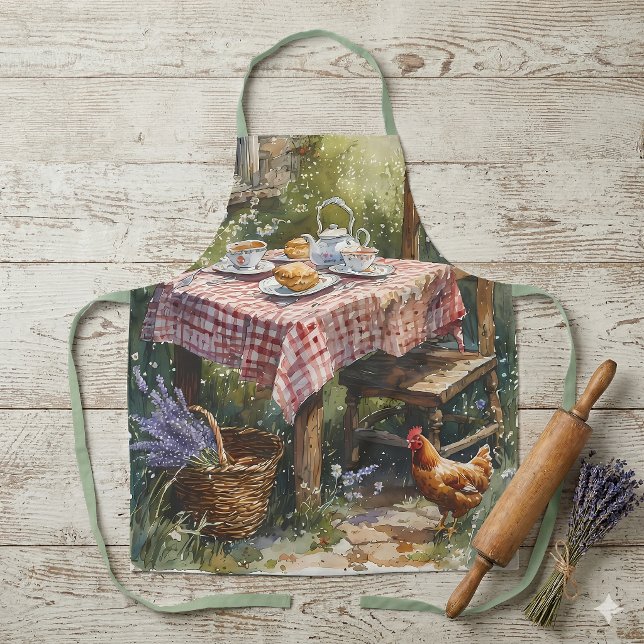 Gartenlauben-Tee am Morgen Aquarell Schürze (Cottage Garden Tea Morning Watercolor Apron)
