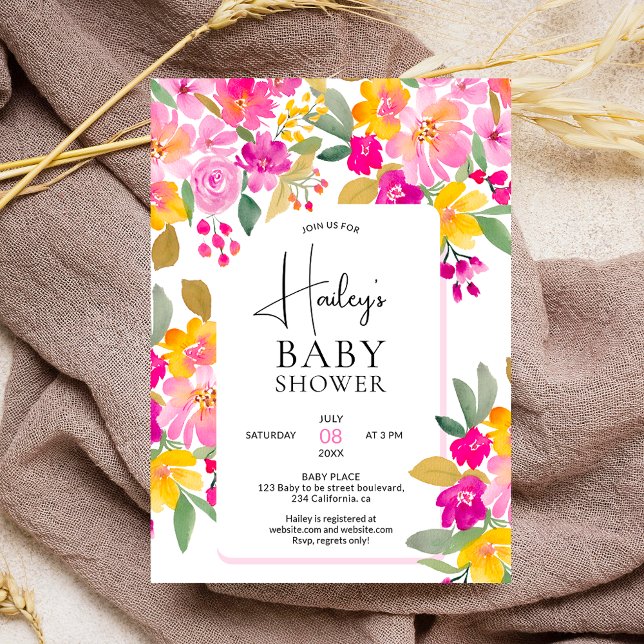 Gartenleuchte mit blühender Wasserfarbendusche Einladung (Garden bright hand painted floral watercolor baby shower invitation)