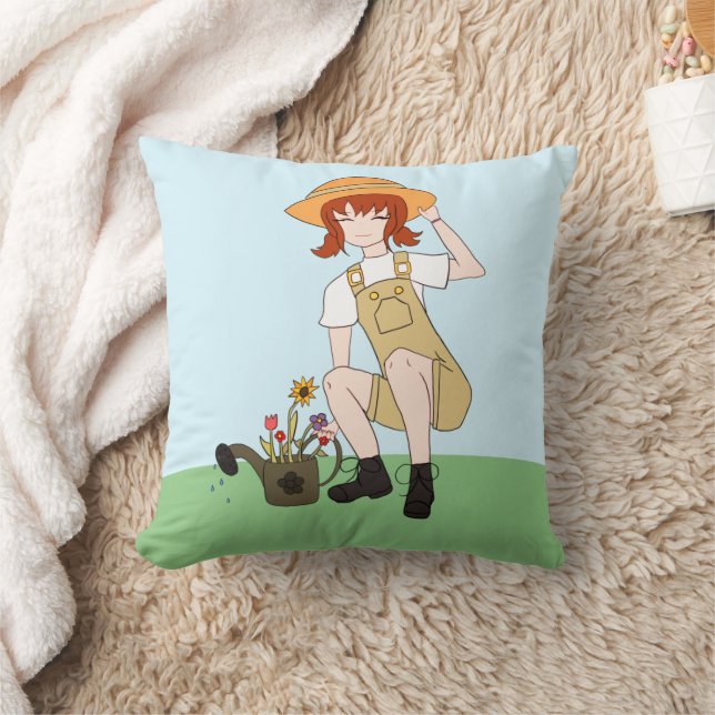 Gartenmädchen mit Blume Braun Haar Kissen (Decke)