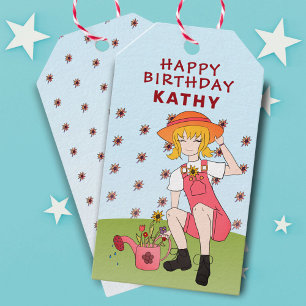 Gartenmädchen mit Blume Happy Birthday Geschenkanhänger