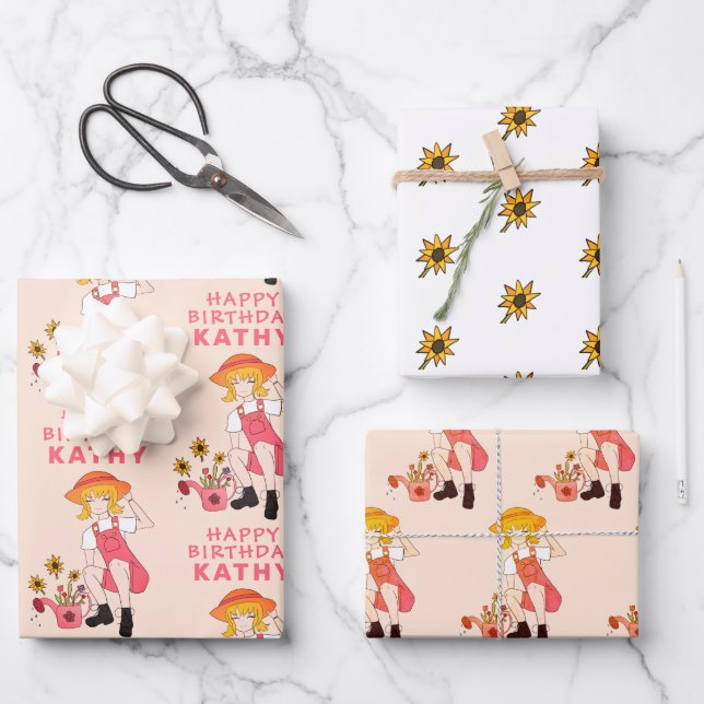 Gartenmädchen mit Sonnenblumen Happy Birthday Geschenkpapier Set (Vorderseite)