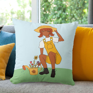 Gartenmädchen mit Zeichnend Blume Kissen