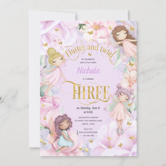 Gartenmärchen mit rosa lila Blume, 3. Geburtstag Einladung (Vorderseite)