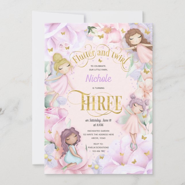 Gartenmärchen mit rosa lila Blume, 3. Geburtstag Einladung (Vorderseite)