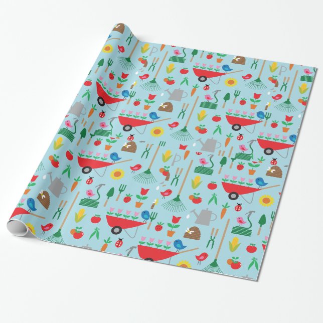 Gartenmuster Frühlingsblumen und Gartengeräte Geschenkpapier (Ungerollt)