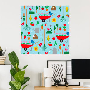 Gartenmuster Frühlingsblumen und Gartengeräte Poster