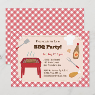 Gartenparty im Zeichen des BBQ - rotes Karomuster Einladung