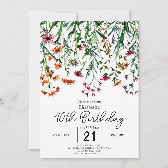 Gartenpastells Wildblumen 40. Geburtstag Einladung (Vorderseite)