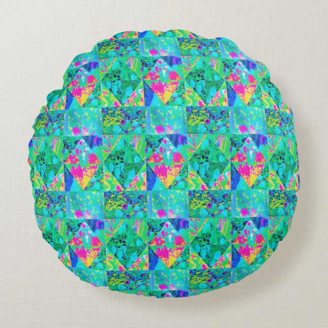 Gartenquiltmalerei mit Hydrangea und Blues Rundes Kissen (Vorderseite)