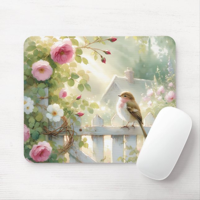 Gartenrose Vogel Aquarell Szene Mousepad (Mit Mouse)