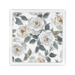 Gartenrosen | Weiße Wasserfarbe Floral Vintage Acryl Tablett