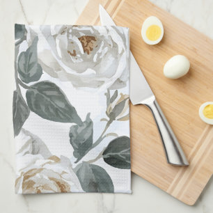 Gartenrosen   Weiße Wasserfarbe Floral Vintage Geschirrtuch