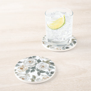 Gartenrosen   Weiße Wasserfarbe Floral Vintage Getränkeuntersetzer
