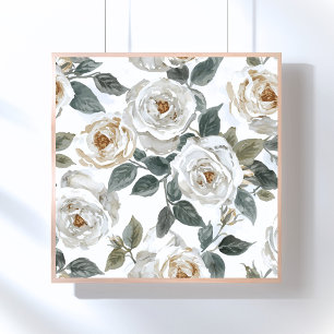 Gartenrosen   Weiße Wasserfarbe Floral Vintage Poster
