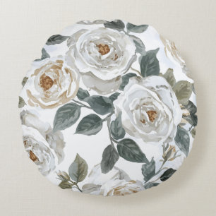 Gartenrosen Weiße Wasserfarbe Floral Vintage Rundes Kissen