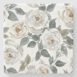Gartenrosen | Weiße Wasserfarbe Floral Vintage Steinuntersetzer