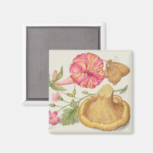 Gartenszene mit Blumen, Schmetterling und Pilz Magnet