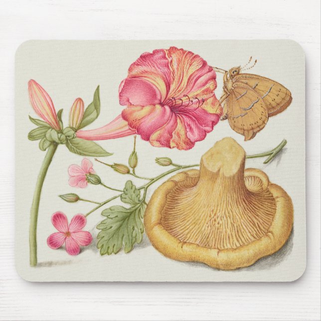 Gartenszene mit Blumen, Schmetterling und Pilz Mousepad (Vorne)