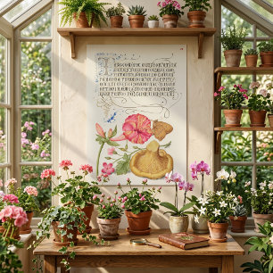 Gartenszene mit Blumen, Schmetterling und Pilz Poster